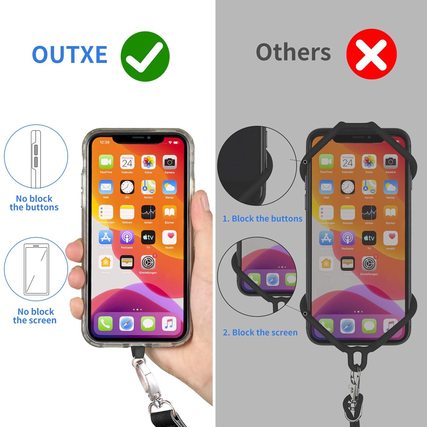 OUTXE Phone Lanyard - 4× Pads, 1× Adjustable Neck Strap, 1× Wrist Strap, Nylon Lanyard Compatible with All Smartphone