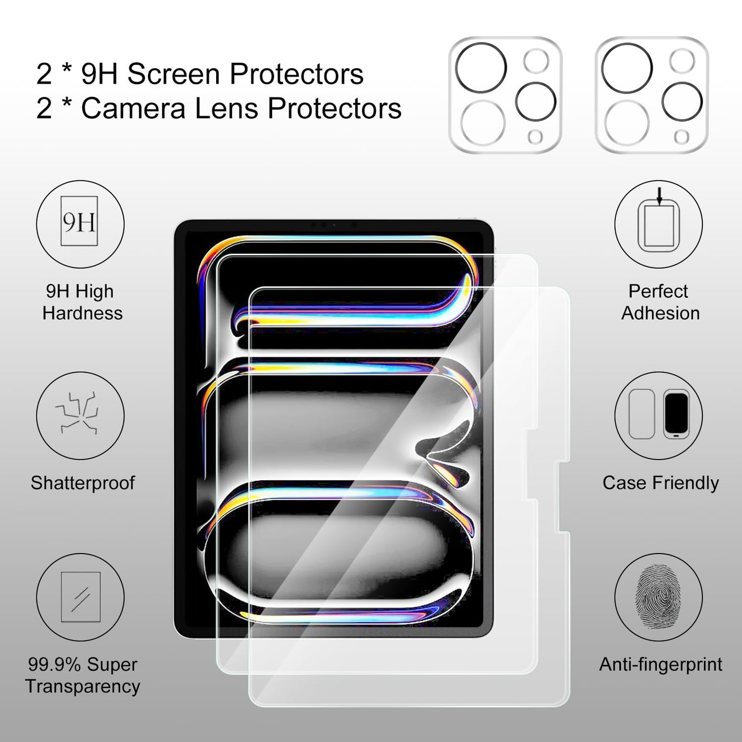 2 Pcs Screen Protector for iPad Pro 11 Inch 2024 (M4, 5th Generation) [with 2 Pcs Lens Protector], 9H Tempered Glass, [Face ID & Pencil Compatible] with Easy Installation Frame, [2+2 Pack]