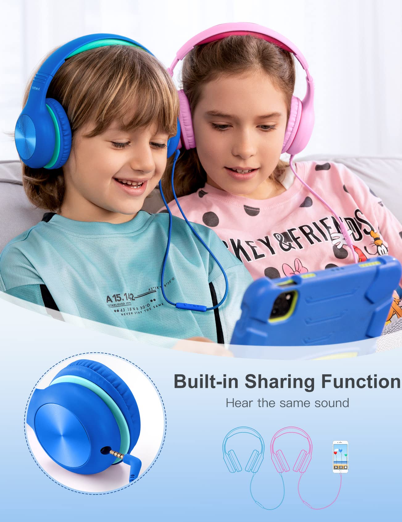 Nabevi Kids Headphones with Cord, Over-Ear Headphones for Kids with Microphone, 85/94dB Volume Limit Headset for Kids with Shareport, Wired Headphones for School, Toddler Headphones for Tablet/iPad