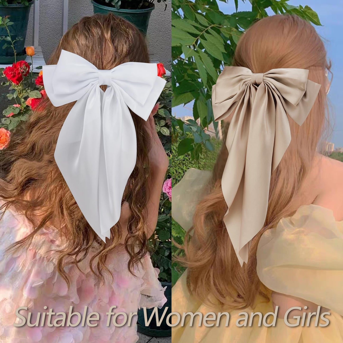 Velscrun 3Pcs Women's Hair Accessories Gifts: White, Black, and Khaki Oversized Satin Hair Bows with Long Tails, Barrettes, and Clips for Girls