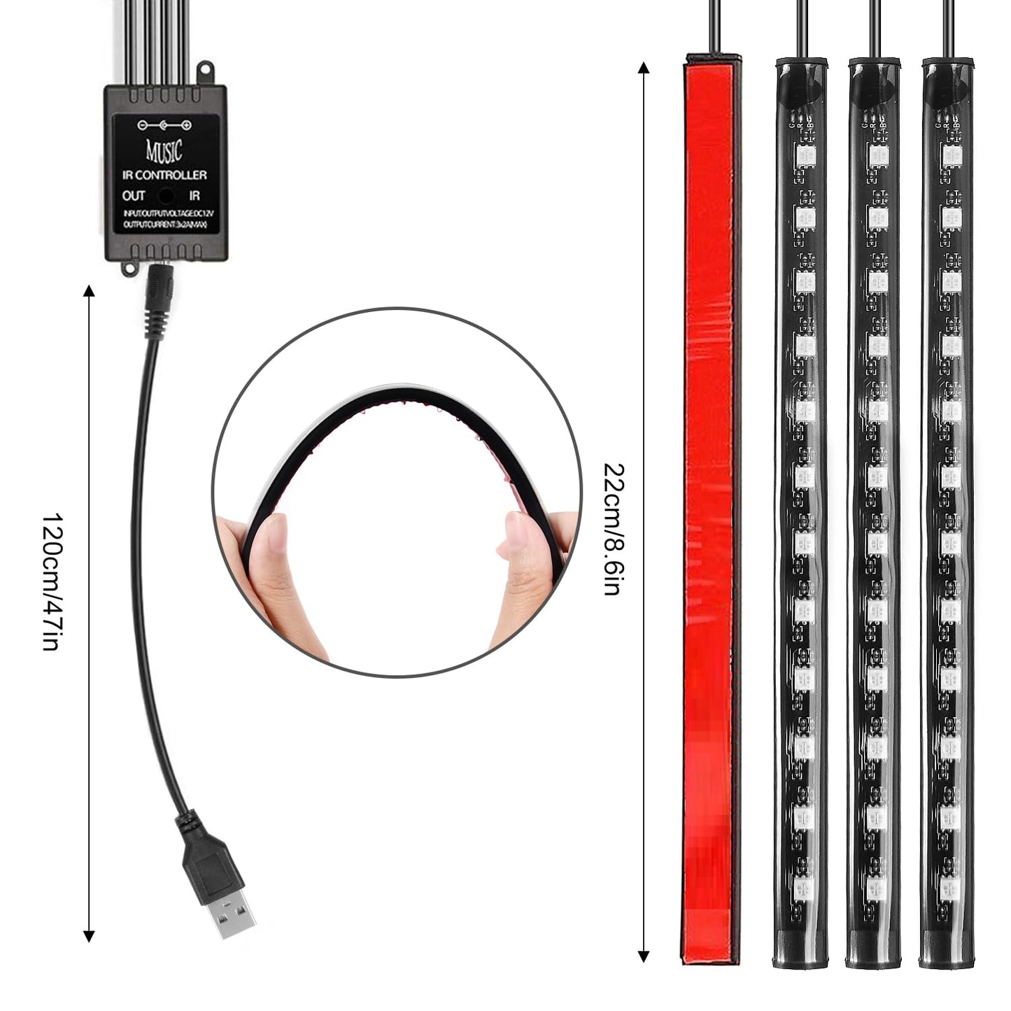 Bande lumineuse LED de Noël pour voiture, 4 pièces, 48 ​​lumières intérieures à LED, bande lumineuse musicale multicolore pour voiture, kit d'éclairage sous le tableau de bord avec fonction sonore active et télécommande, DC 5 V