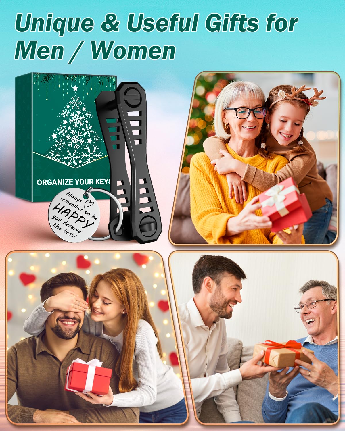 LONGESISM - Llavero con llavero, regalo para hombre, paquete de 2, artículos para calcetines navideños, miniorganizadores de llaves de coche, cadenas, llaveros inteligentes Edc, ideas de regalos de cumpleaños para hombres, mujeres, papá e hijo