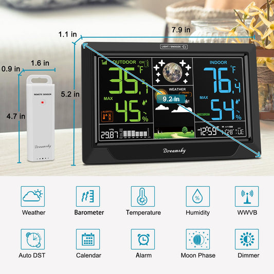 Estación meteorológica DreamSky, termómetro inalámbrico para interiores y exteriores, reloj atómico con temperatura interior y exterior, fecha y día, luz de fondo ajustable, monitor de humedad y temperatura interior y exterior para el hogar