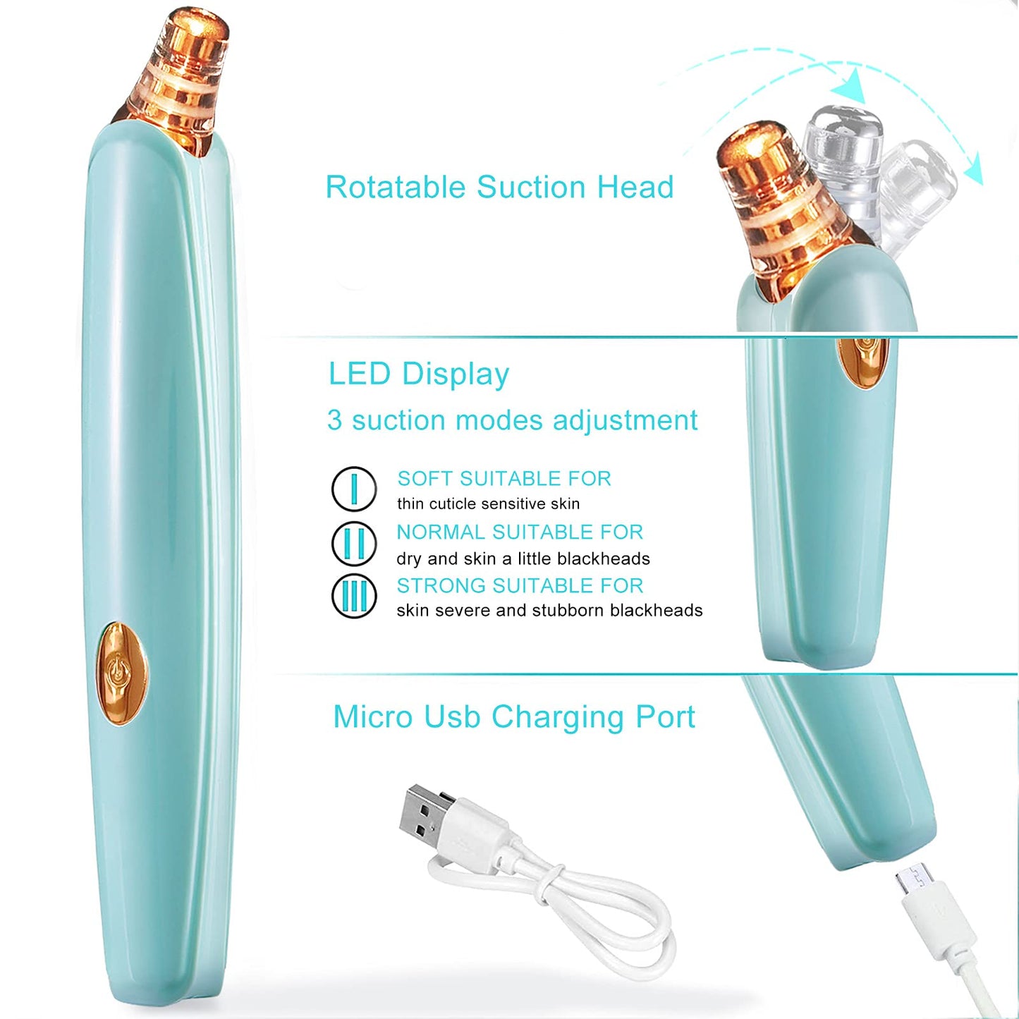 Blackhead Remover Pore Vacuum Cleaner - Upgraded Facial Pore Cleaner - Electric USB Pore Vacuum with 5 Probes - Upgraded Blackhead Suction Tool - Blackhead Remover Kit (Turquoise)