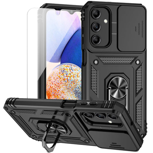 for Samsung Galaxy A15 5G Case with Camera Lens Cover HD Screen Protector, Dual Layer Military-Grade Drop Tested Magnetic Ring Holder Kickstand Protective Phone Case for Samsung Galaxy A15 5G (Black)