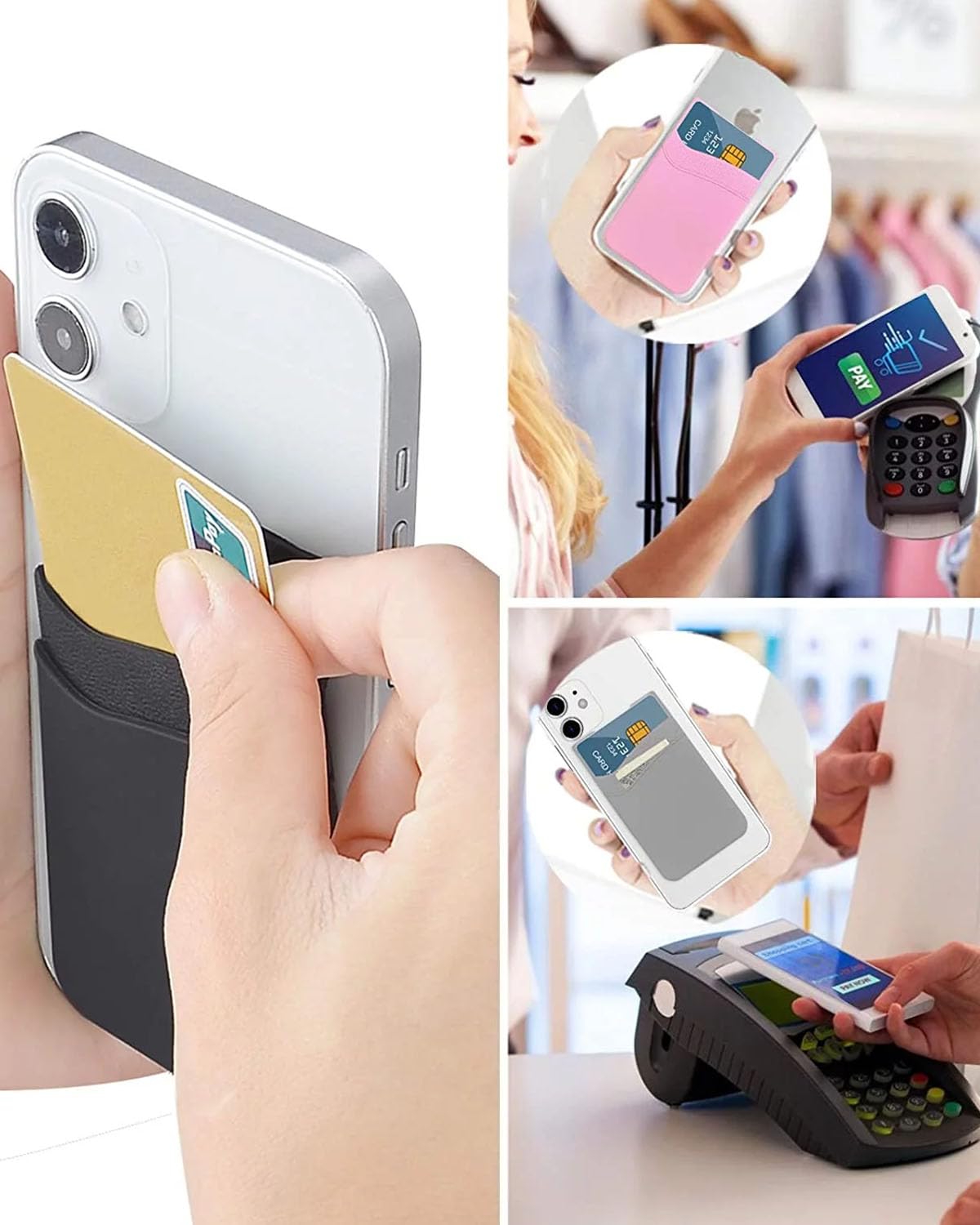 BIAJIYA Card Holder for Back of Phone, Pouch Silicone Wallet Sleeve Pocket Stick-on ID Credit Card for All Smartphones