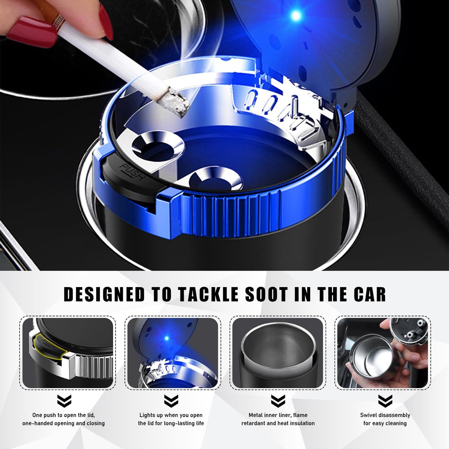 Cenicero para coche Povtii con tapa, cenicero desmontable de acero inoxidable sin humo con luz LED azul, mini bote de basura portátil a prueba de viento para cigarrillos, accesorios para coche (azul)