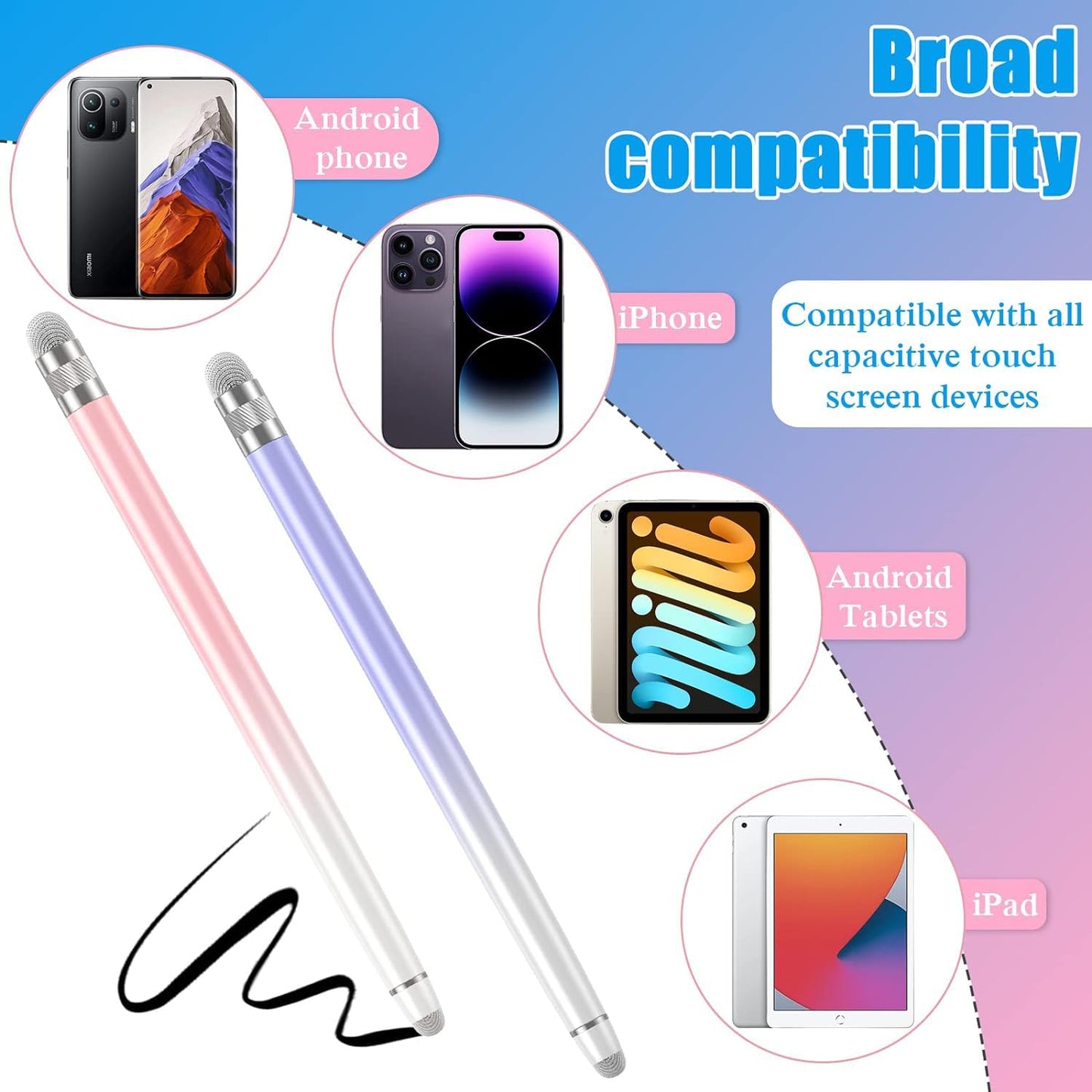 2PCS Stylus Pens for Touch Screens,Stylus Pen for iPhone/iPad/Tablet Android/Microsoft Surface,Compatible with All Touch Screens(White Pink/White Purple)