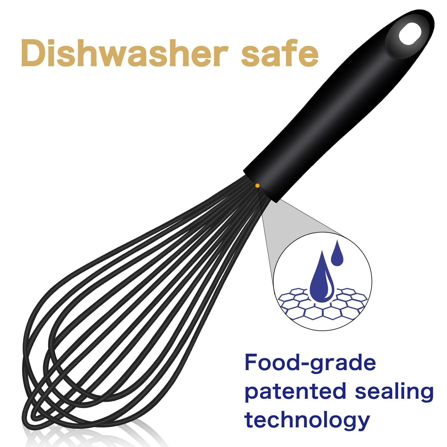 OYV Dishwasher Safe Silicone Whisk, Sealed Waterproof Design Set of 3, Professional Kitchen Whisks for Cooking Non-Scratch, Silicone & Stainless Steel Whisk, Heat Resistant Balloon Egg Beater, Black