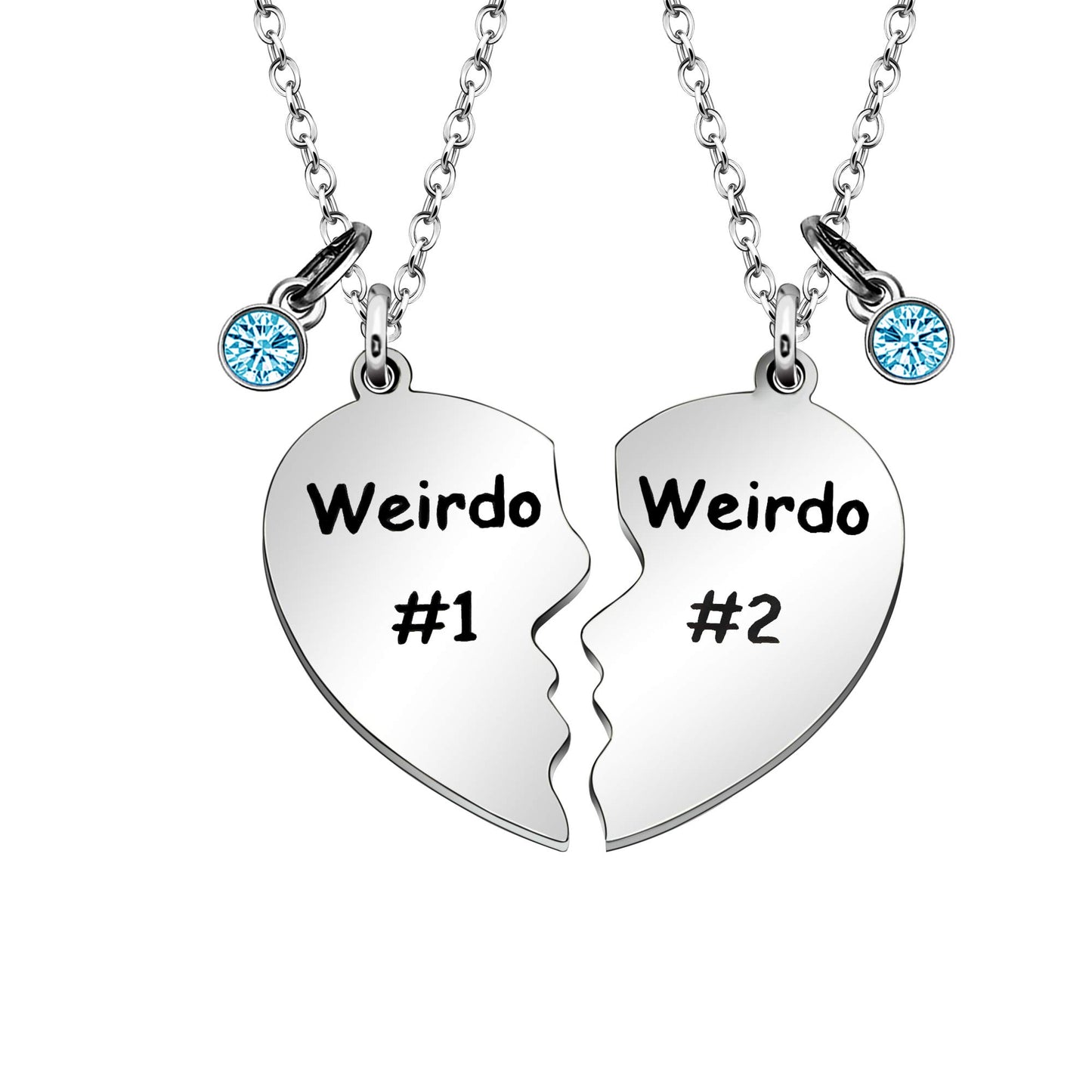 Regalo de amistad, collar con colgante de acero inoxidable con forma de corazón dividido de Weirdo 1 y Weirdo 2, regalo para la mejor amiga (cristal azul)