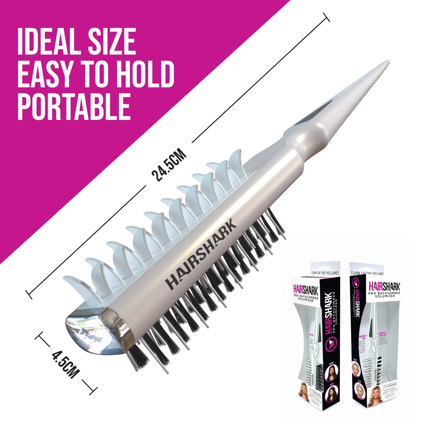 HAIRSHARK 3-in-1 Volume Hair Brush, Two-Sided Backcombing/Scalp Brush w/Boar and Polymer Bristles, Easy To Use Styling Comb for All Hair Types, Volume, Blow Dry Look, & Wave Brush