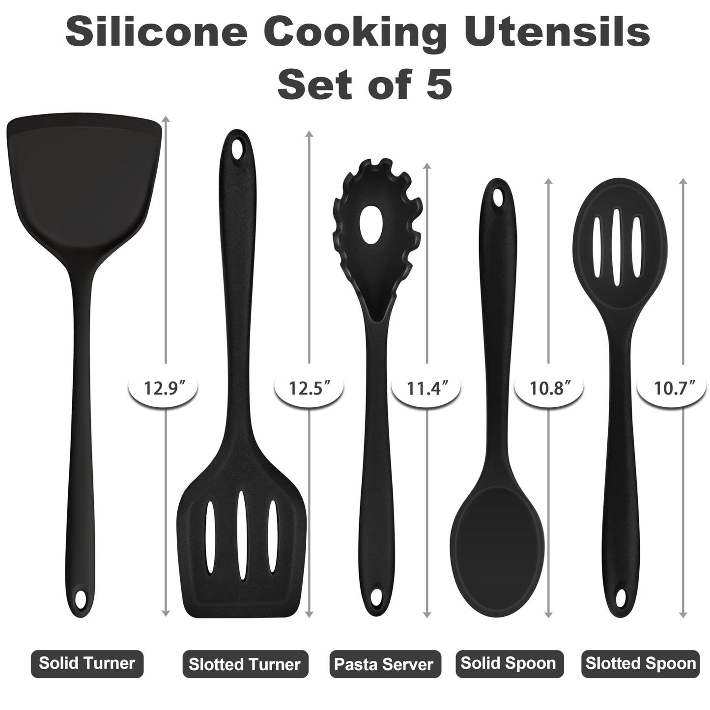 TeamFar Silicone Cooking Utensils Set of 5, Kitchen Utensils Solid & Slotted Spoons Turners Pasta Server for Nonstick Cookware, Healthy & Heat-Resistant, Seamless & Non-Scratch, Dishwasher Safe, Black