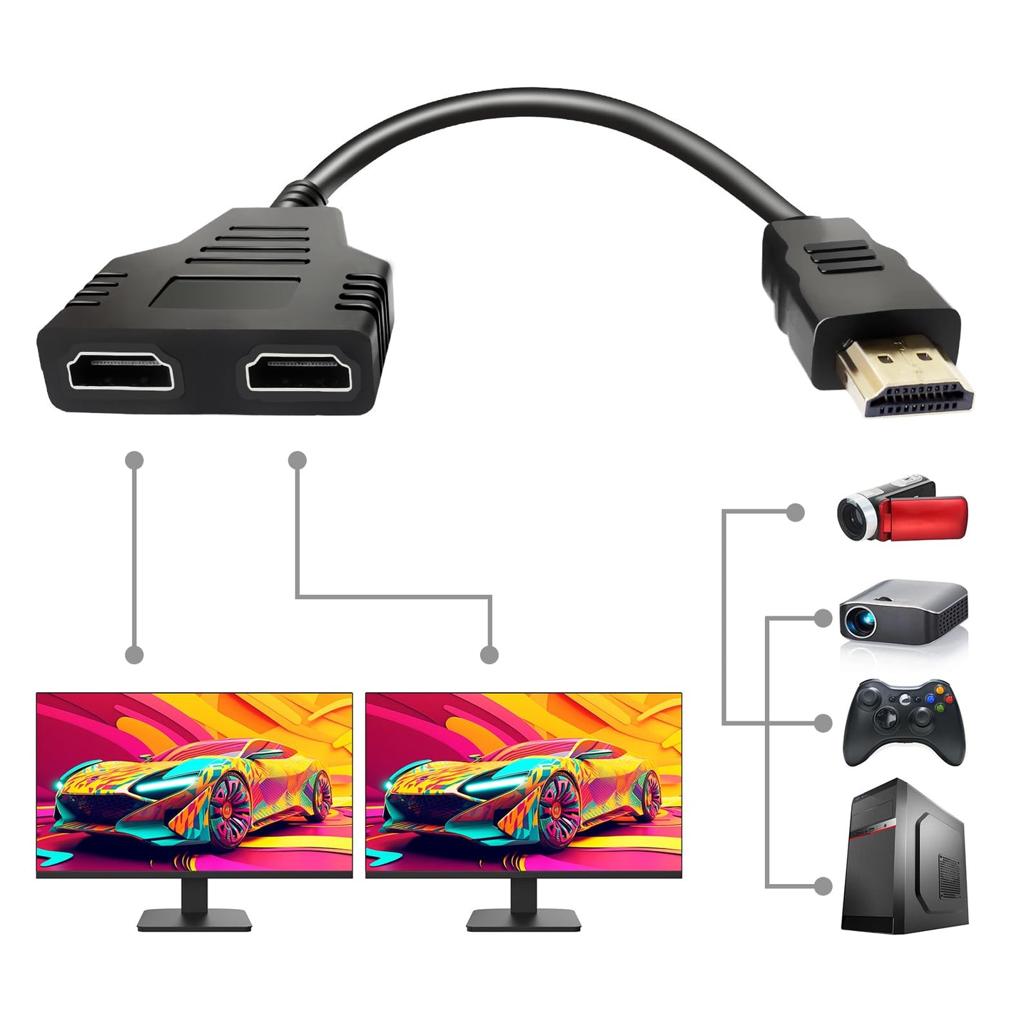 HDMI Splitter Cables Male 1080P to Dual HDMI Female 1 to 2 Way HDMI Splitter Adapter Cable for HDTV HD, LED, LCD, TV, Support Two TVs at The Same Time