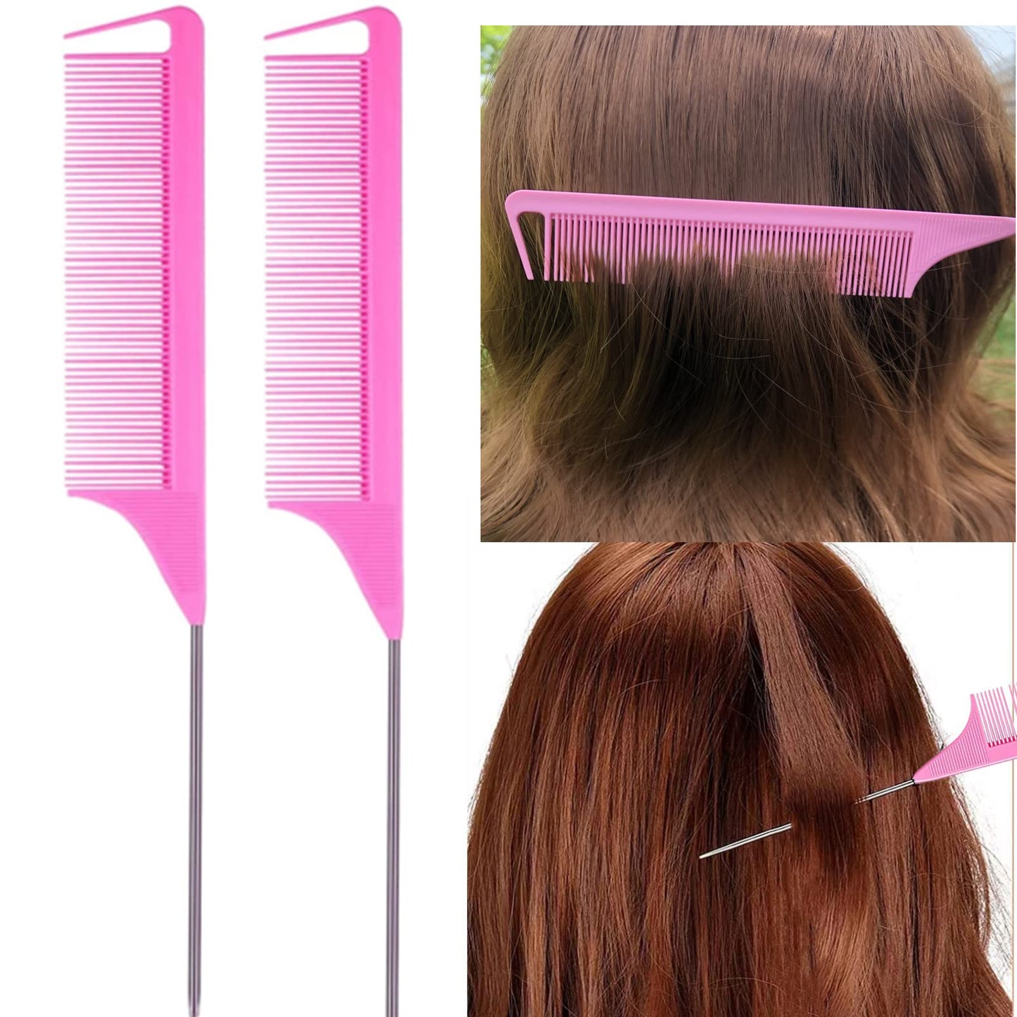 ZVOREI 8Pcs Hair Brushes Set with 4Pcs Topsy Hair Tail Tools 1Pcs Bristle Teasing Hair Brush 1Pcs Edge Control Brush 2Pcs Metal Pin Rat Tail Combs for Woman Girl Hair Styling,Edge&Back Brushing Pink