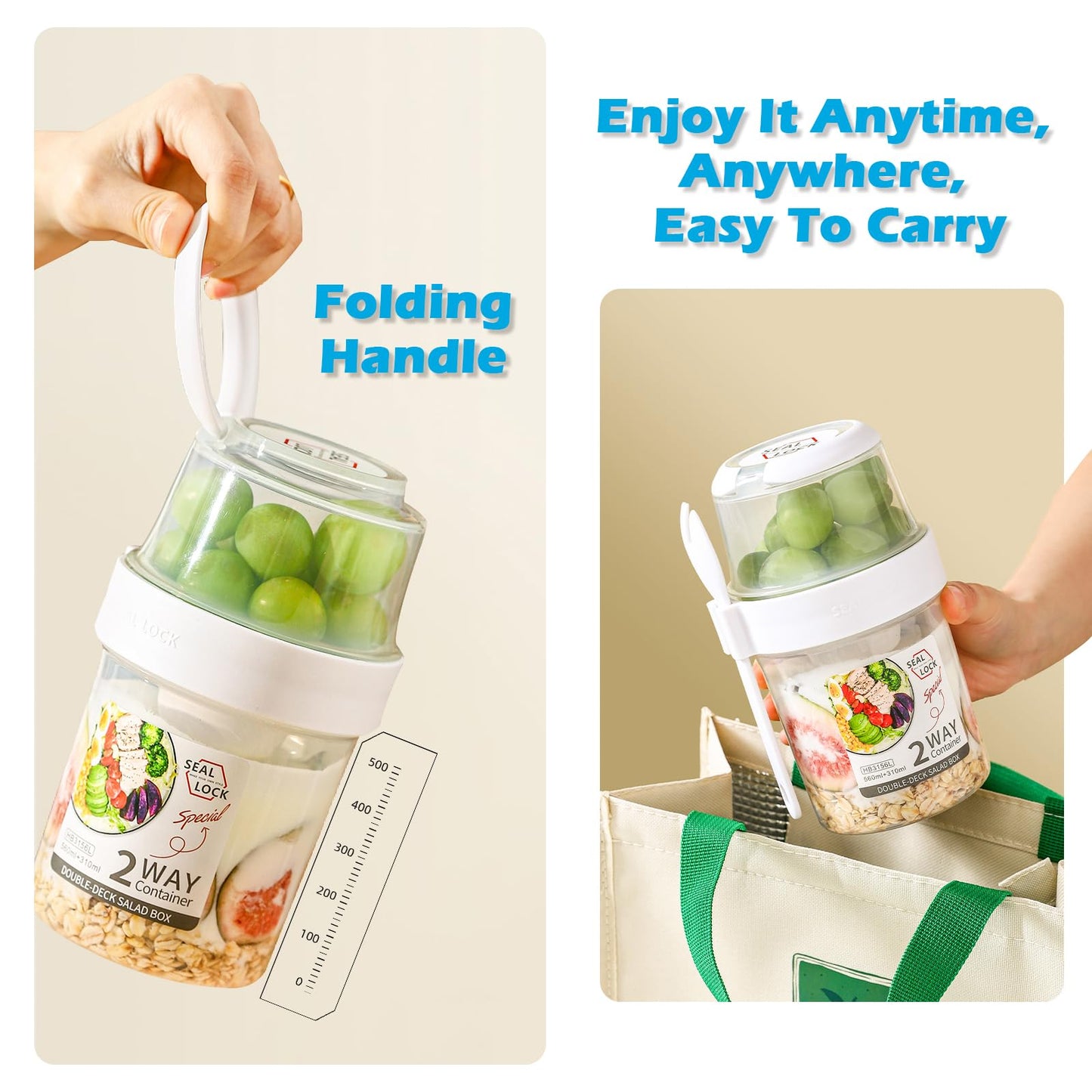 Daasigwaa Breakfast On The Go Cups, Salad Cup To Go, Take And Go Yogurt Cereal Overnight Oats Snack Parfait Containers & Salad Dressing Holder With Fork For Lunch, Fruit & Vegetable Jar(White,29.5oz)