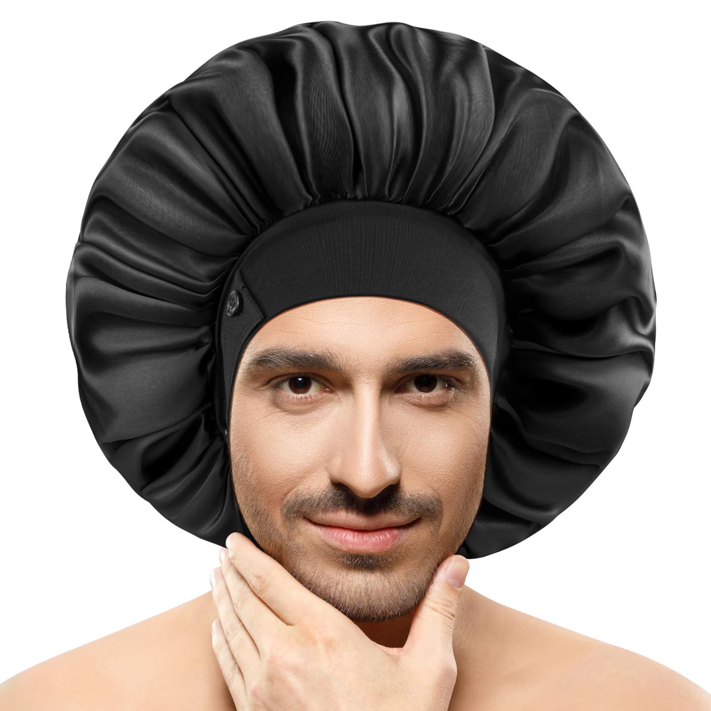 Gorros de seda para hombres, gorro de satén para dormir, dobladillo ajustable y doble capa, gorro grande para dormir para trenzas de cabello rizado que se mantiene puesto toda la noche (negro)