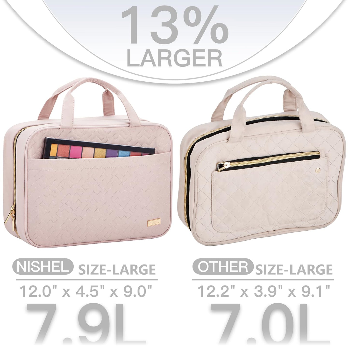 NISHEL Neceser de viaje para mujer, organizador portátil colgante para champú de tamaño completo, acondicionador, juego de brochas, accesorios de maquillaje, tamaño grande, color rosa