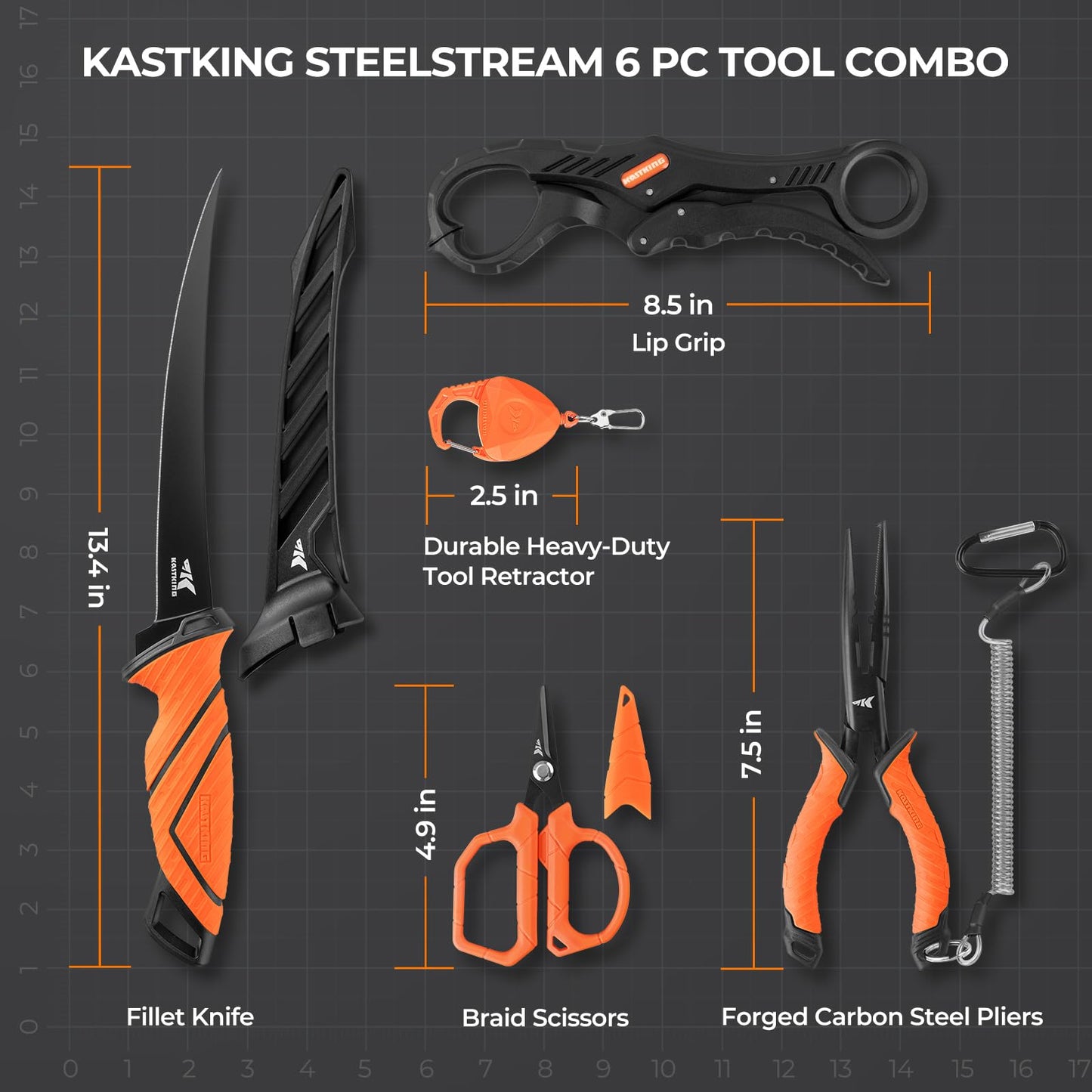 KastKing SteelStream 6pc Fishing Tool Kit - Corrosion Resistant Fishing Pliers with Lanyard, Fillet Knife, Floating Fish Lip Gripper, Fishing Braid Scissors, Tool Retractor, Fishing Gifts for Men