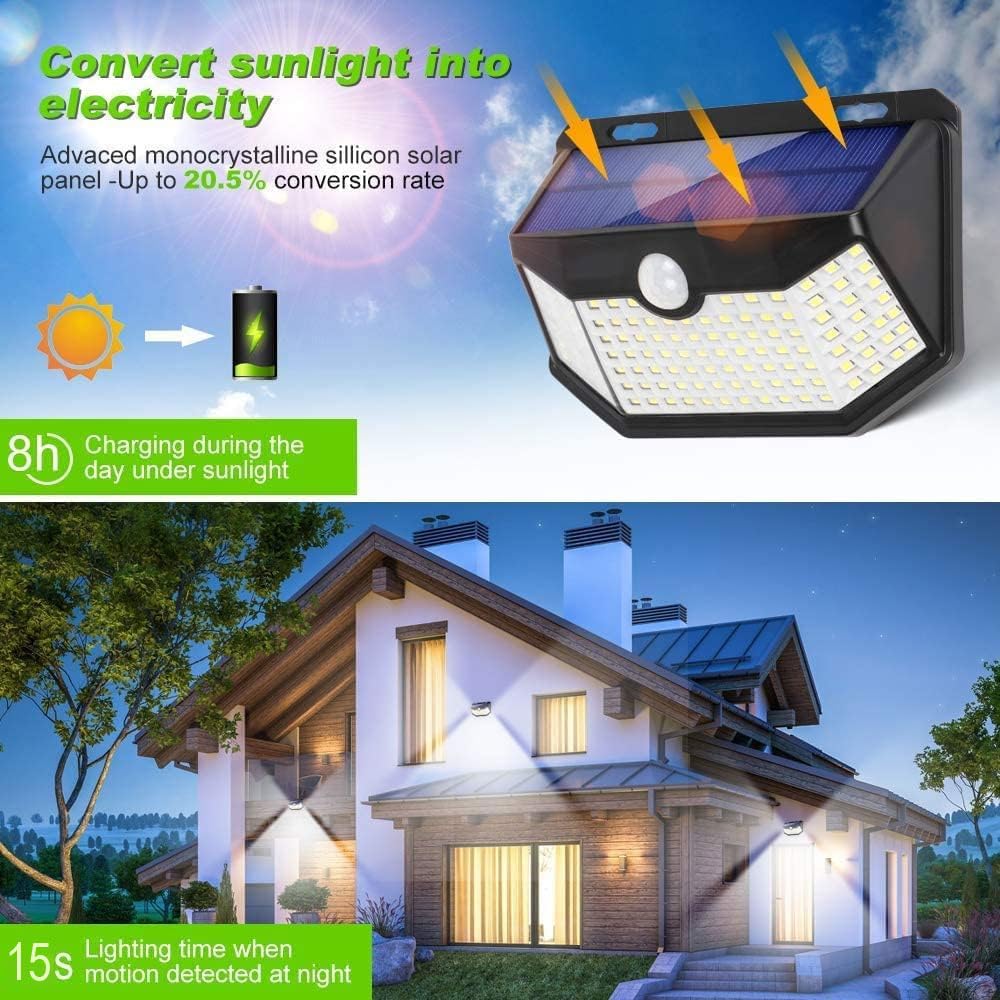 HMCITY Lampes solaires d'extérieur 120 LED avec réflecteur et 3 modes d'éclairage, lampes murales à détecteur de mouvement, étanches IP65 à énergie solaire pour jardin, terrasse, cour (lot de 2)