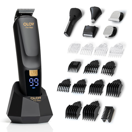 OLOV For Man - Recortadora de barba, kit de cuidado masculino todo en uno de 21 piezas y cortadora de cabello, afeitadora eléctrica para nariz, orejas, cuerpo y rostro con base de recarga USB