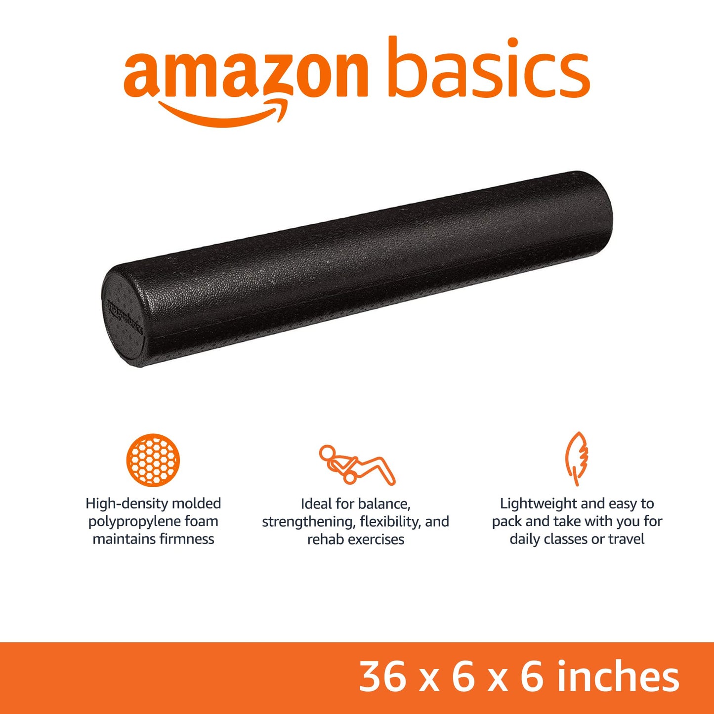 Rodillo de espuma de alta densidad Amazon Basics para ejercicio y recuperación, 36 pulgadas, color negro