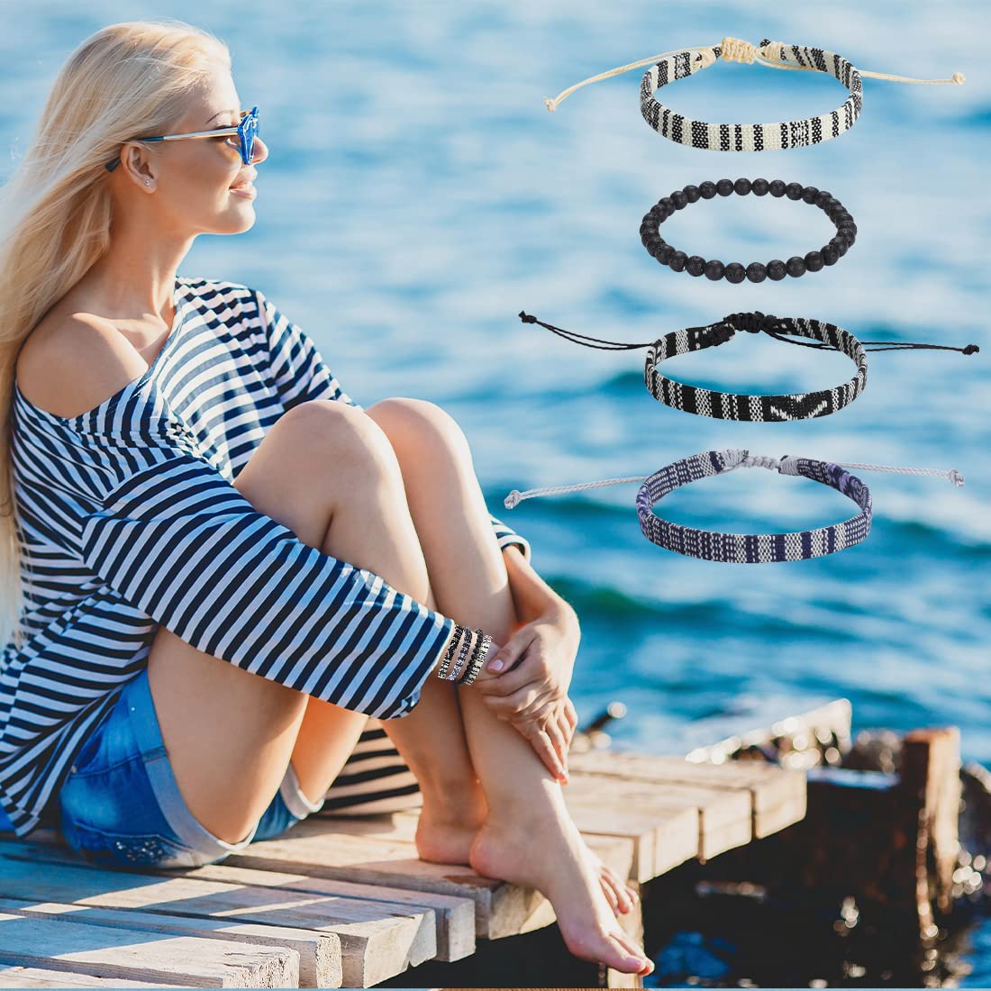 4pcs Beach Bracelet Set for Men and Women, Surfer Men Bracelet, Braided Boho Summer Bracelets Adjustable Men’s Bracelet Handmade Women Girls Bracelet String Rope Ankle Bracelets Gifts Birthday Gift