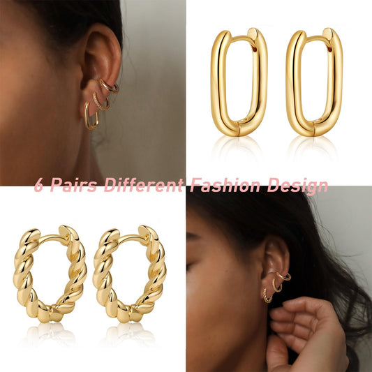 MIDEEO Lot de boucles d'oreilles créoles épaisses en or/argent pour femme, plaquées or 14 carats, boucles d'oreilles créoles torsadées, hypoallergéniques, épaisses, ouvertes, légères, bijoux pour cadeaux