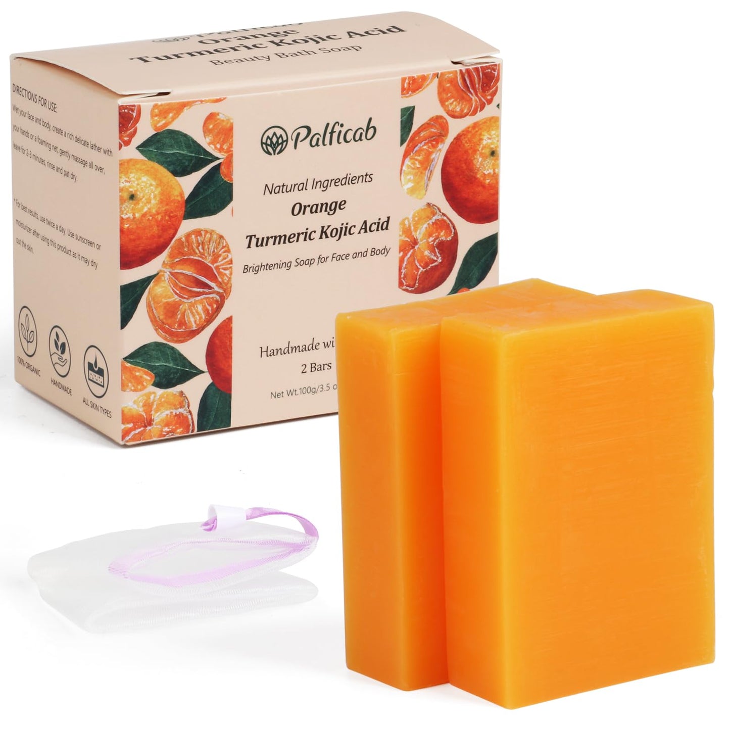 PALFICAB Turmeric Kojic Acid Soap with Orange, Kojic Acid Soap for Hyperpigmentation, Orange Soap Bar for Face & Body Cleansing, Helps Reduce Dark Spot.Includes 2 Bars