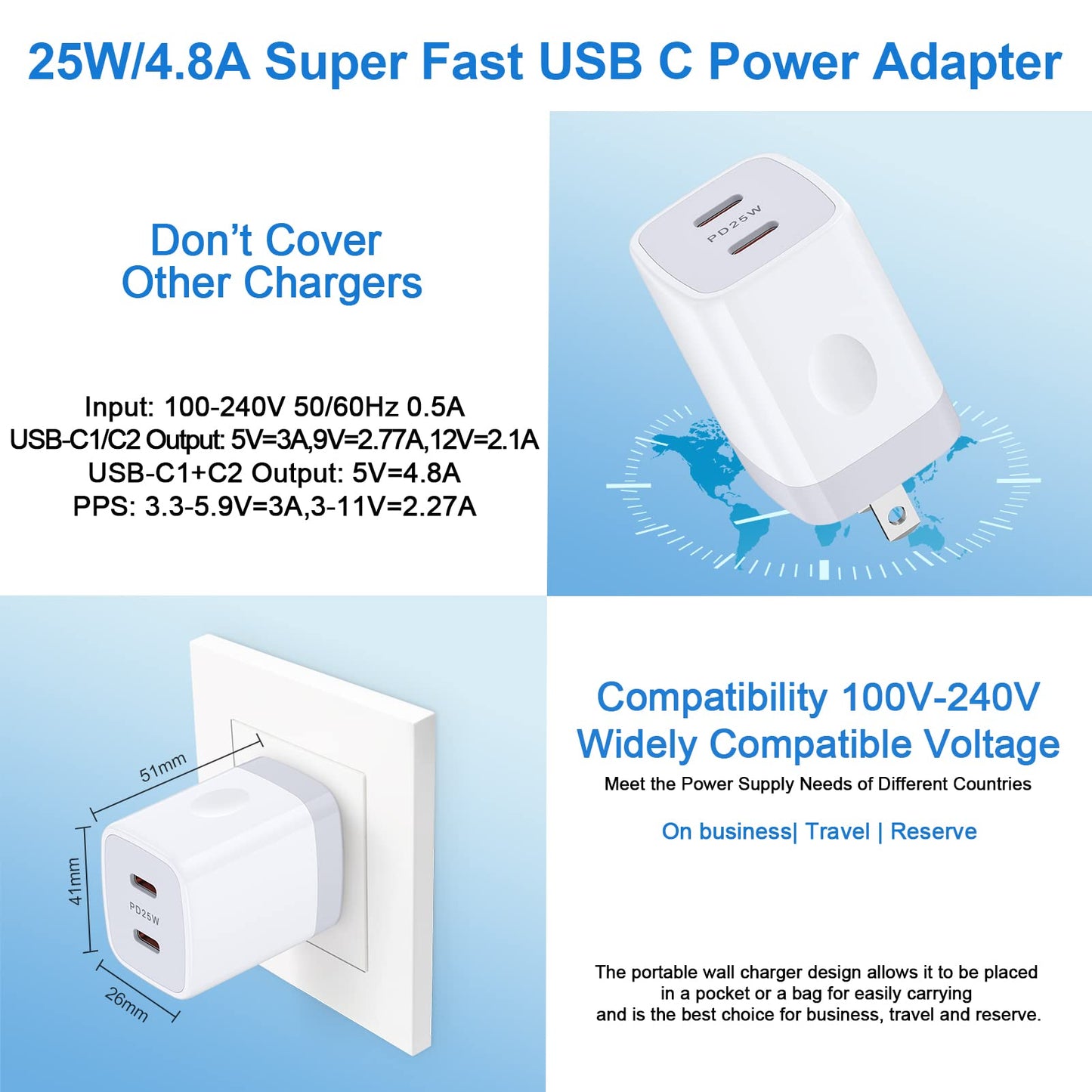 USB C Charger Block, 25W 2 Port Type C Wall Charger Fast Charging Dual PD Power Adapter Plug for iPhone 16 Pro Max 15/15 Pro/15 Pro Max/15 Plus,Samsung Galaxy S24 S23 S22 S21 S20 A15 A14 Android Phone