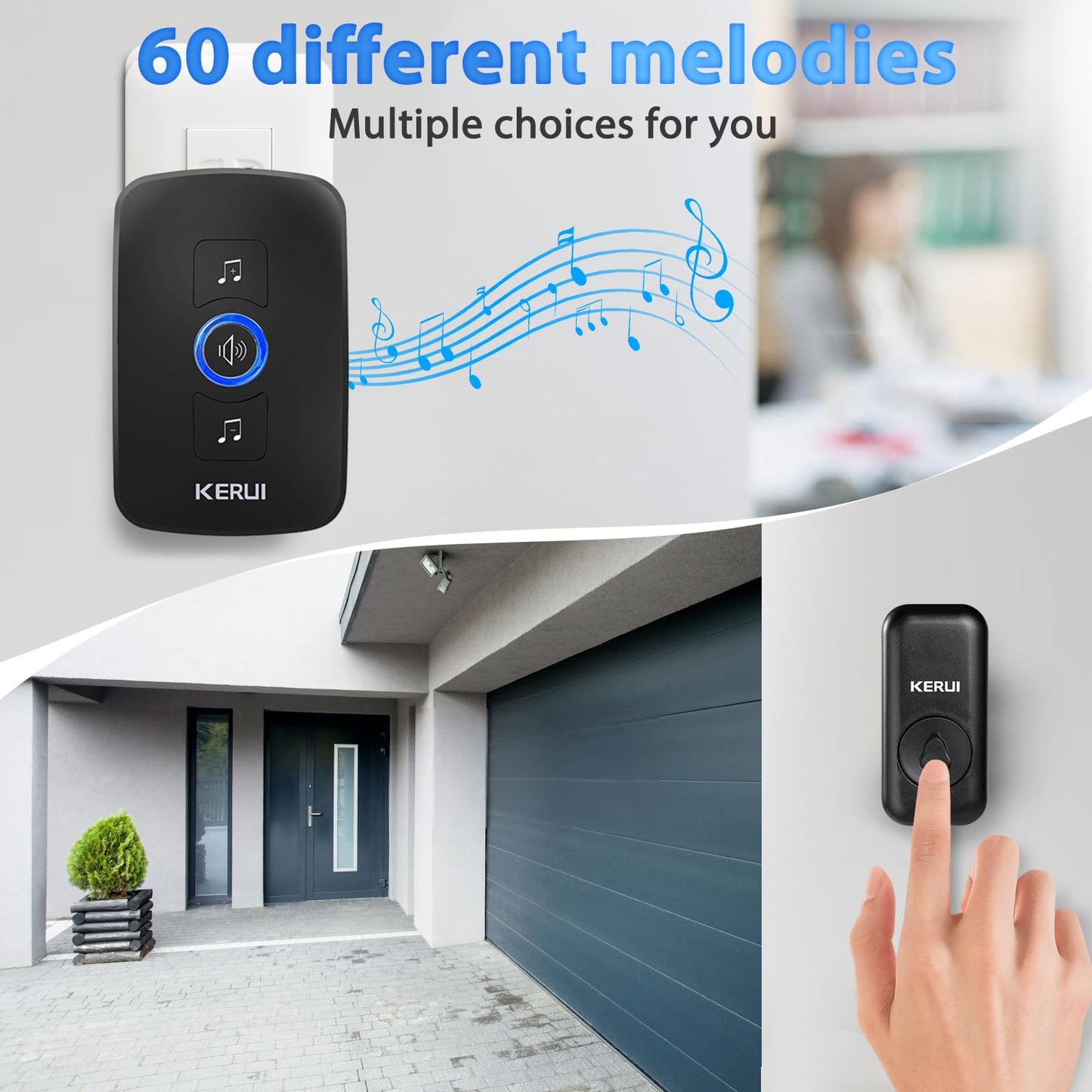 KERUI Wireless Doorbell Door Bell Chime 5 Volume Levels 60 Chimes Door Bells 1000ft Long Range Doorbell Kit with LED Flashing