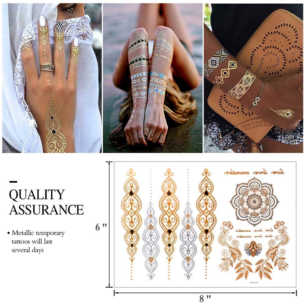 12 Sheets 110+ Metallic Temporary Tattoos for Adult Women Girls Tattoos Gold Silver Glitter Flash Waterproof Tattoo Stickers for Beach, Festivals, & Parties