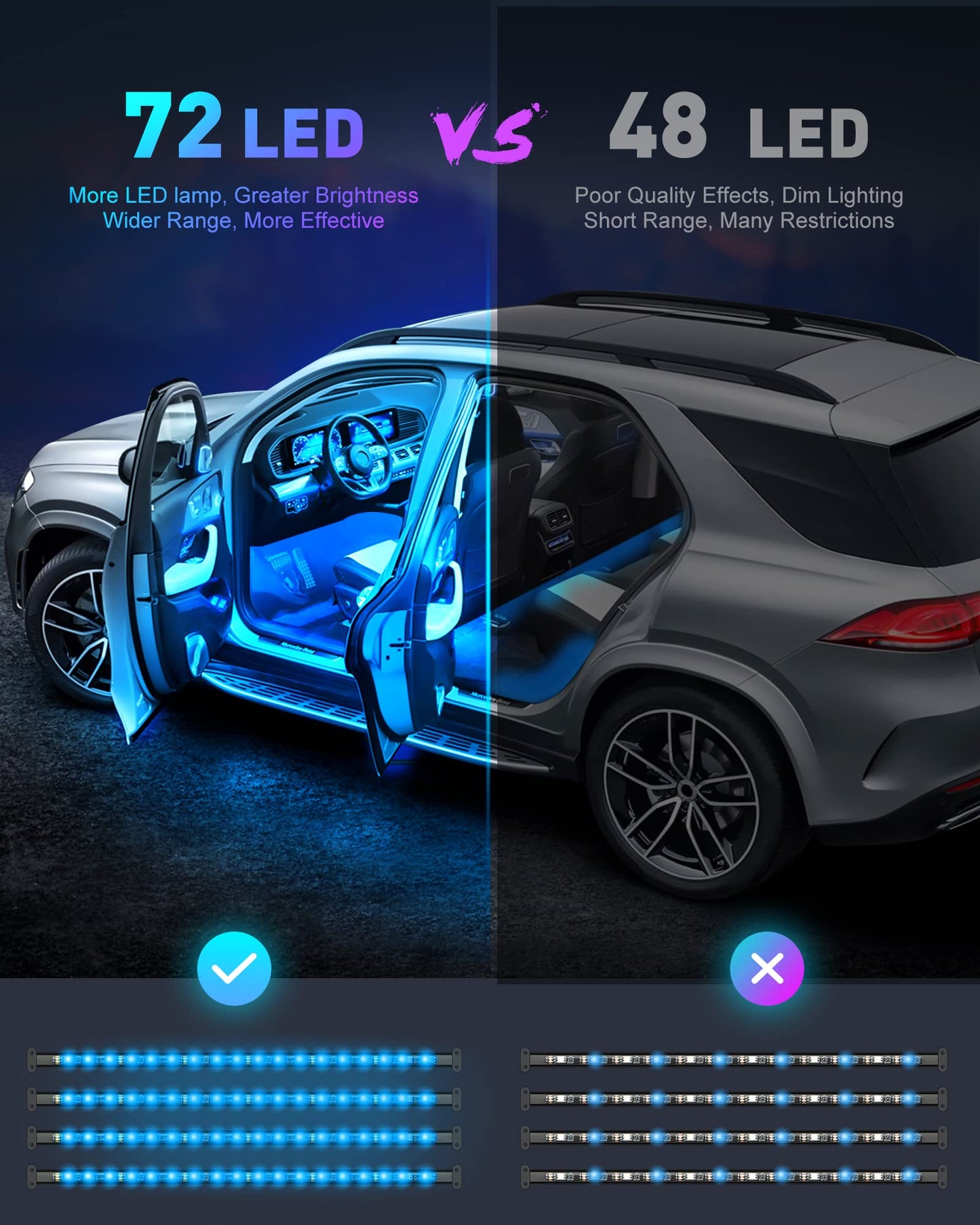 Éclairage intérieur de voiture NOVSIGHT, lampe d'intérieur de voiture à LED, bande lumineuse à 72 LED pour voiture, 16 millions de couleurs, éclairage intérieur contrôlable par application, avec allume-cigare (noir)