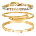 A D. ALLEN & DANMI. A D. 18 K Gold Plated Love Bangle Bracelet Set Stackable Cubic Zirconia Chain Bracelet Stainless Steel Chain Gold Bangle Bracelets for Women (3 Sets(Tennis,Bangle))