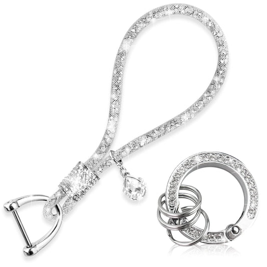 Yiflin Porte-clés de poignet mignon pour femme, accessoires de porte-clés en cristal, cordon de poignet bling pour clés, clé de voiture (argent, grand)