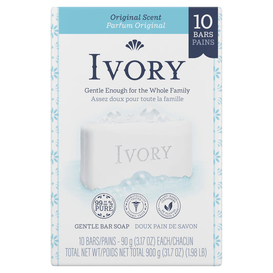 Ivory Bar Soap Gentle Bath, Family Pack, Gentle Enough for Kids* and Adults, Free of parabens, phthalates, and heavy Perfumes, Original Scent, 3.17 Ounce (10 Count) *3 yrs of age and up