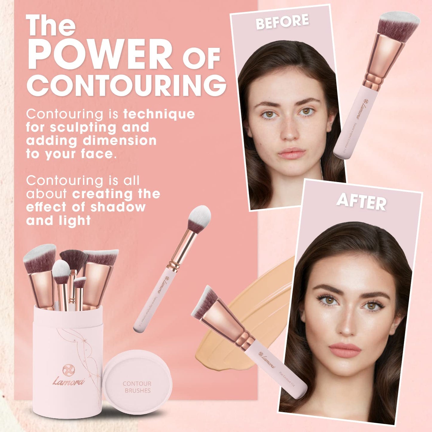 Pro Face Contour Brush Set - Synthetic Contouring Sculpting and Highlighting Kit - Cream Blush Powder Flat Nose Cheek Round Small Angled Fan Tapered Precision Kabuki Foundation Makeup Brushes