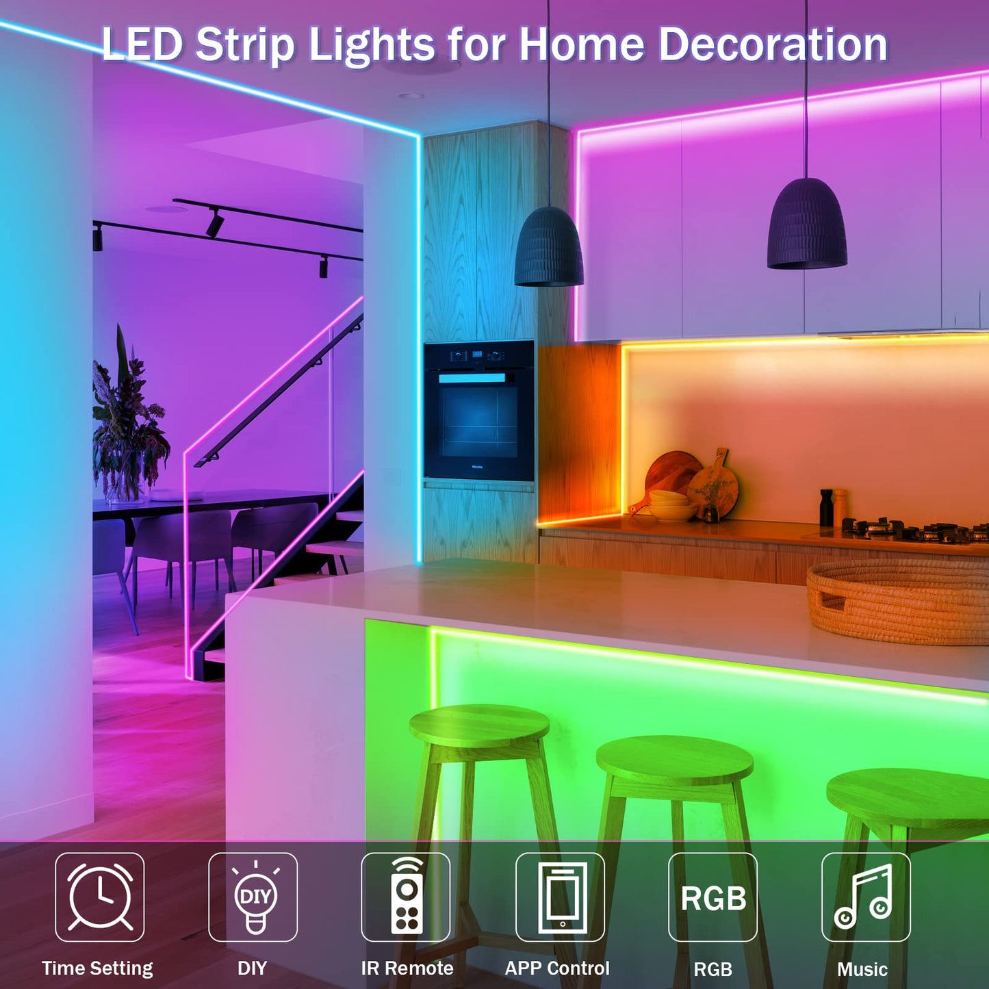 KEELIXIN 65.6ft LED Lights for Bedroom, Music Sync RGB LED Strip Lights with APP & Remote Control, Luces LED para Cuarto, Bluetooth LED Lights for Room, Home Decoration