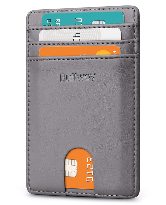 Buffway Mens Slim Wallet, Minimalist Thin Front Pocket Leather Credit Card Holder with RFID Blocking for Work Travel - Seattle Grey