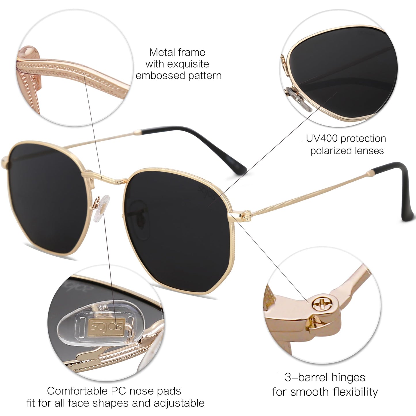 SOJOS Small Square Polarized Sunglasses for Men and Women Polygon Mirrored Lens SJ1072 Gold Frame/Grey Lens