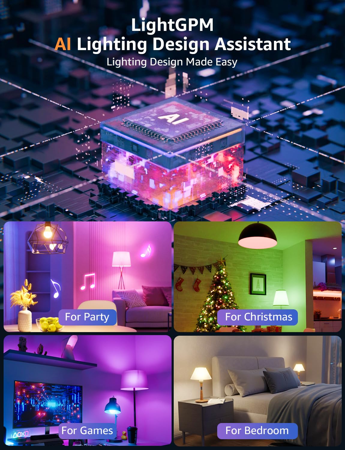 Bombillas inteligentes Lepro B1 AI: bombilla LED que cambia de color RGBWW con WiFi y Bluetooth compatible con Alexa y Google Assistant, iluminación generada por IA, control de voz por IA, sincronización de música, solo 2,4 GHz, 2 paquetes