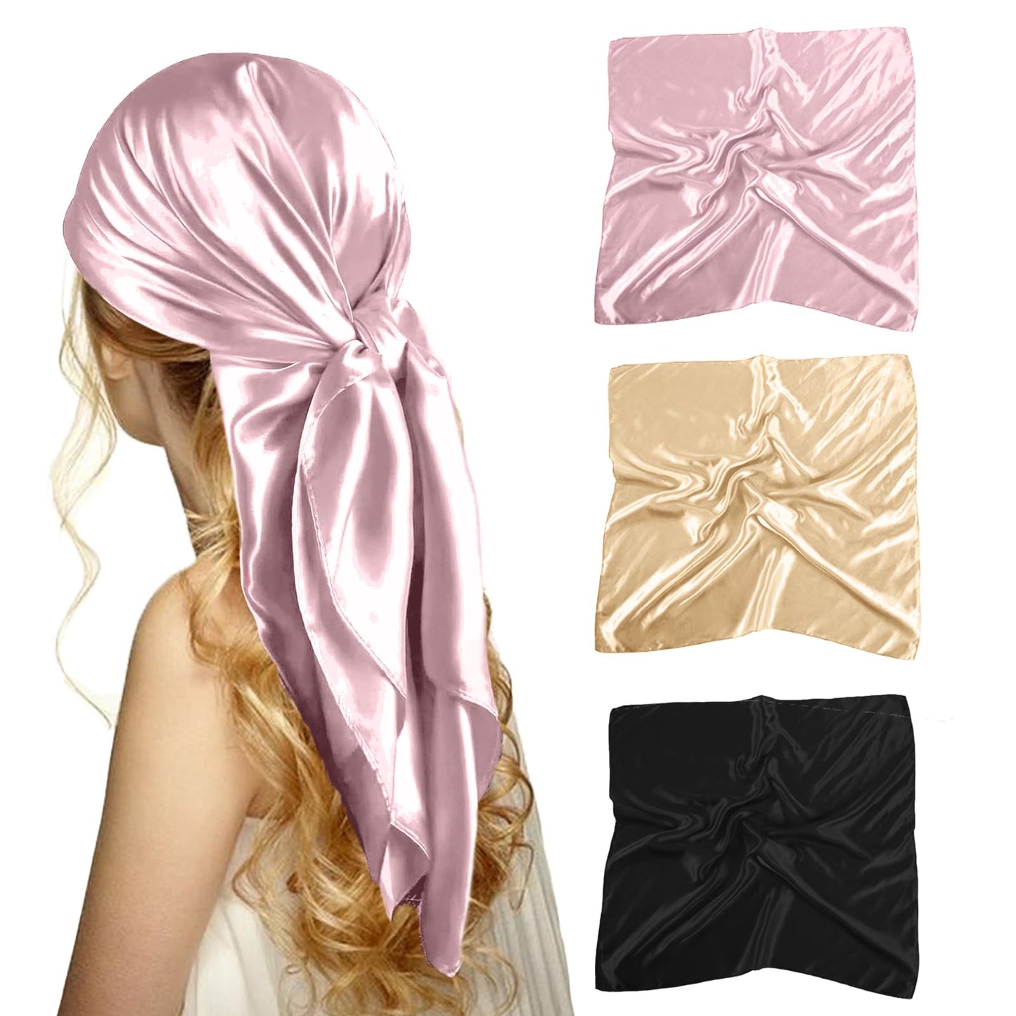 ZMC 3PCS Satin Square Head Scarf, 35’’ Hair Silk Scarves Solid Color Large Satin Hair Scarves Bandanas Square Silk Hair Wrap Neck Scarf for Women(A)