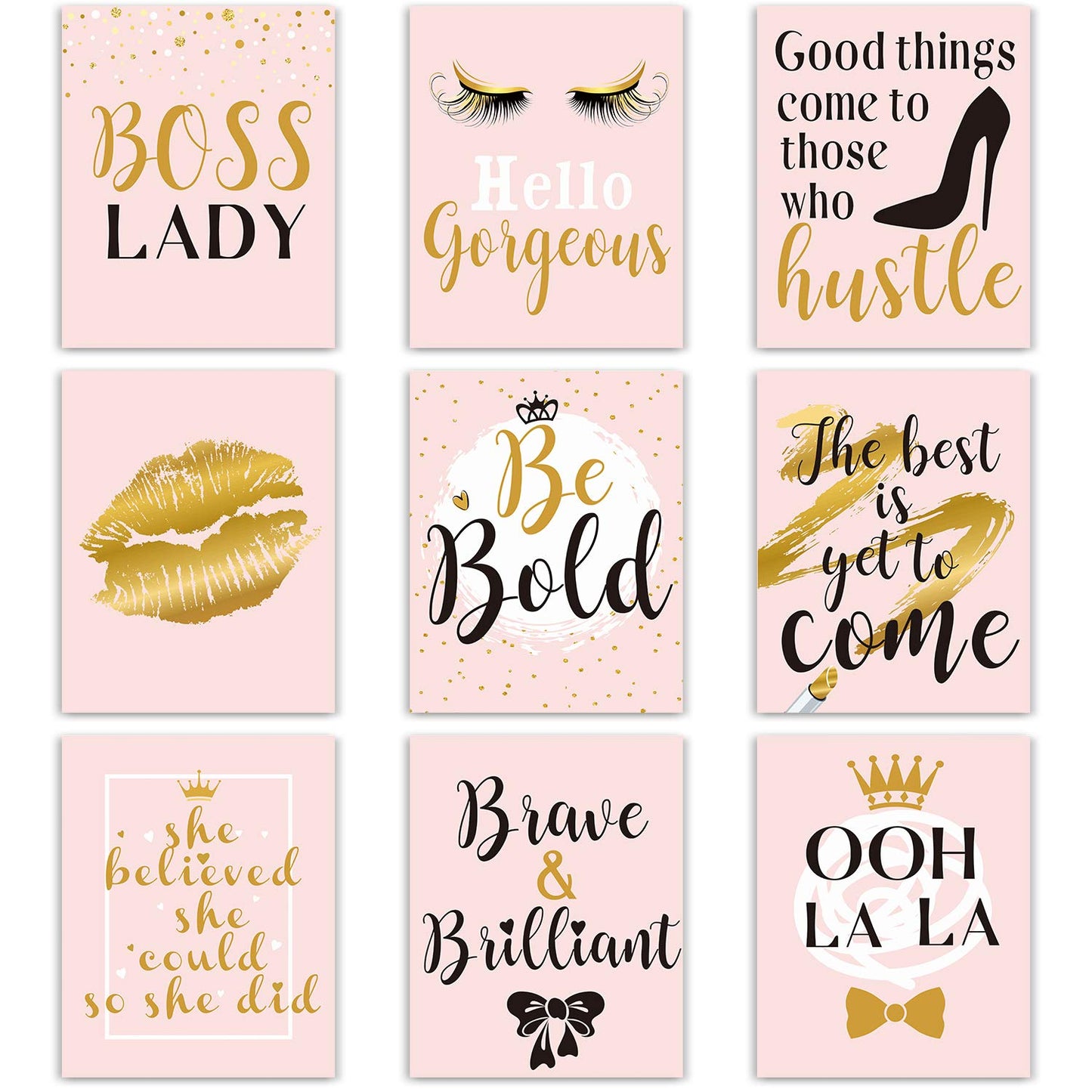 Inspiration Wall Decor, 9 Pieces Bedroom Decor for Women, Pink and Gold Makeup Lash Lips Wall Art Poster, Motivational Quotes Fashion Prints for Women Bathroom Home Decor, 8 x 10 Inch, Unframed