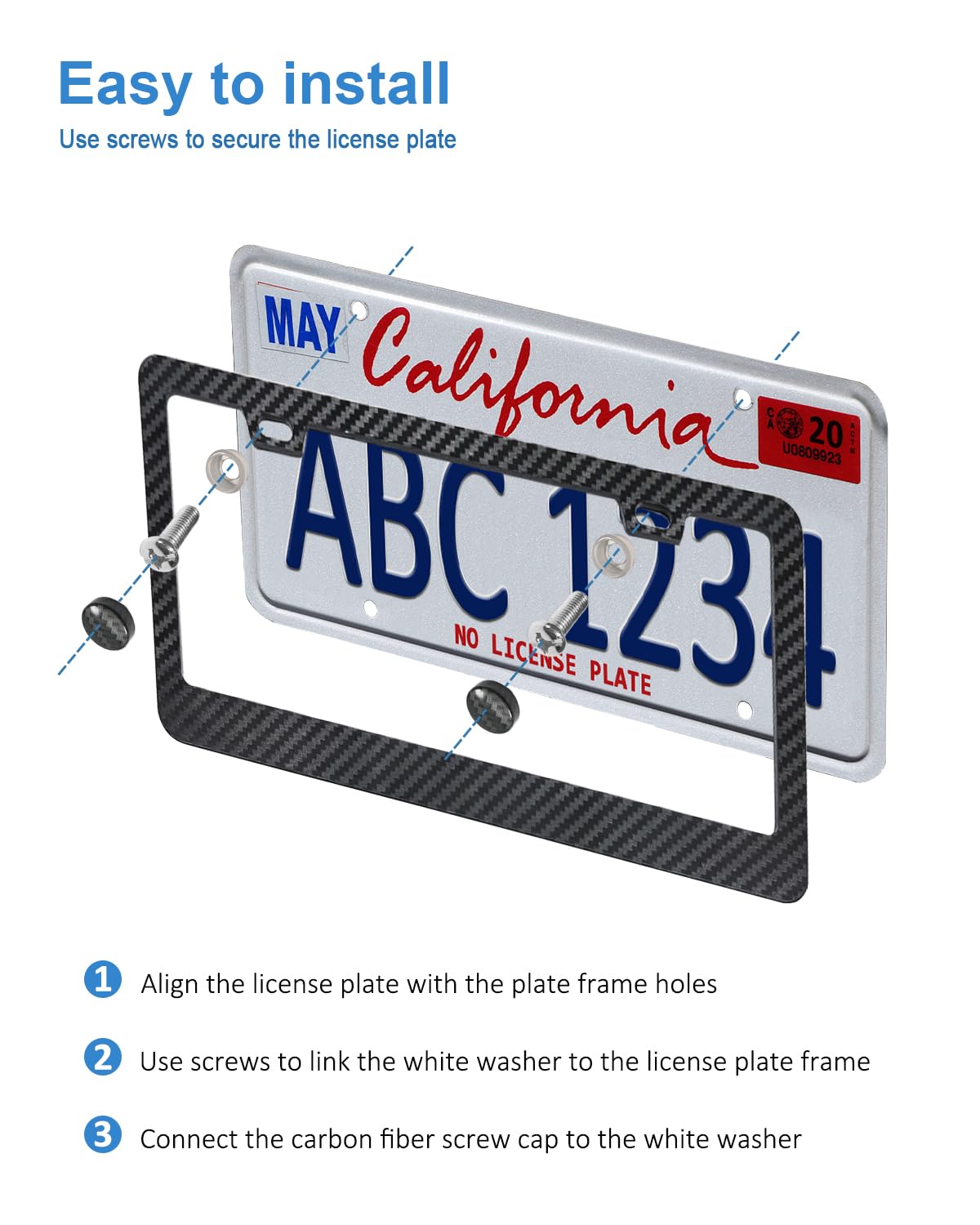 Cadres de plaque d'immatriculation en fibre de carbone FBJTDQ - Support de plaque d'immatriculation de voiture en plastique noir, motif carbone imprimé avec capuchons à vis, autocollants de guidon, avant et arrière, lot de 2