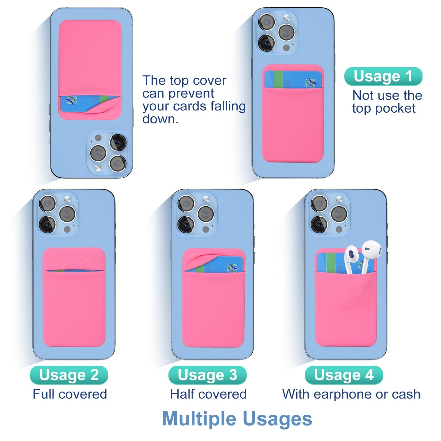 Costyle 4 Pack Slim Cell Phone Card Holder for Back of Phone, Stretchy Lycra Stick on Credit Card Wallet Pocket ID Case Pouch Self Adhesive Sticker for iPhone, Galaxy Phones- Pink Gray Mint Green Rose