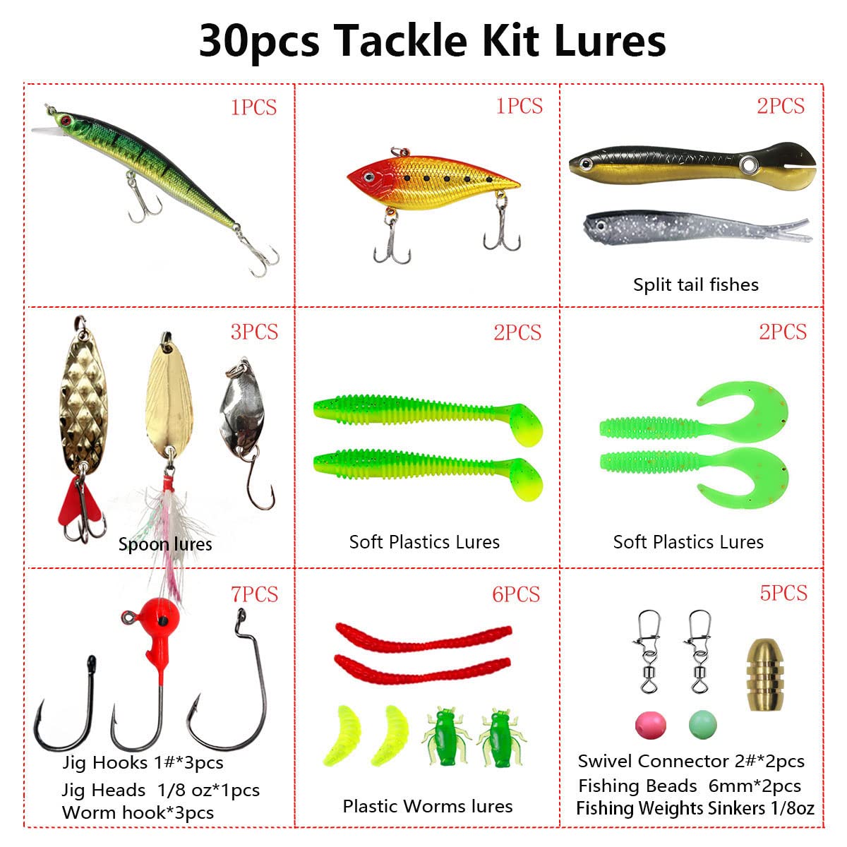 Kit de señuelos de pesca UperUper, cebos y aparejos que incluyen crankbaits, señuelos de superficie, spinnerbaits, gusanos, plantillas, anzuelos, caja de aparejos y más señuelos de pesca para lubina y trucha