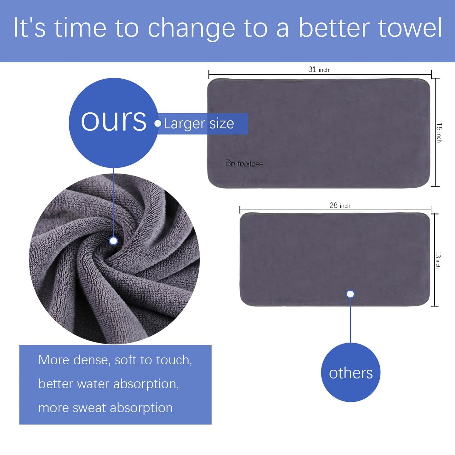 Wuwahold Microfiber Gym Towels Bigger Size Super Soft for Exercise Fitness, Sports, Workout, 380-GSM 15-Inch x 31-Inch Quick-Drying Towels (3 Pack, Grey+Blue+Purple)