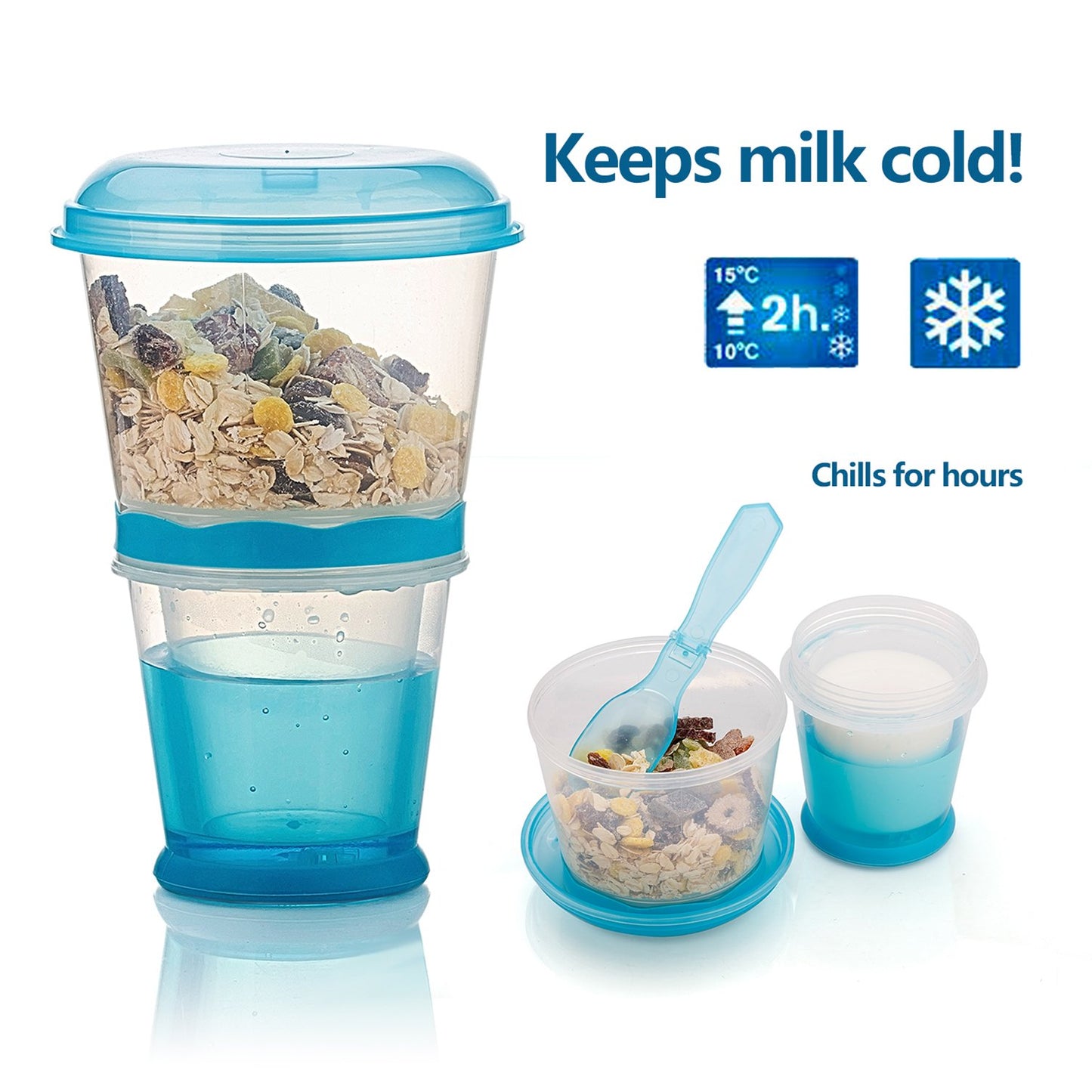 Contenedor de cereales para llevar, taza para desayuno, taza para leche, recipiente portátil para yogur y comida para llevar para viaje, con cuchara (azul)