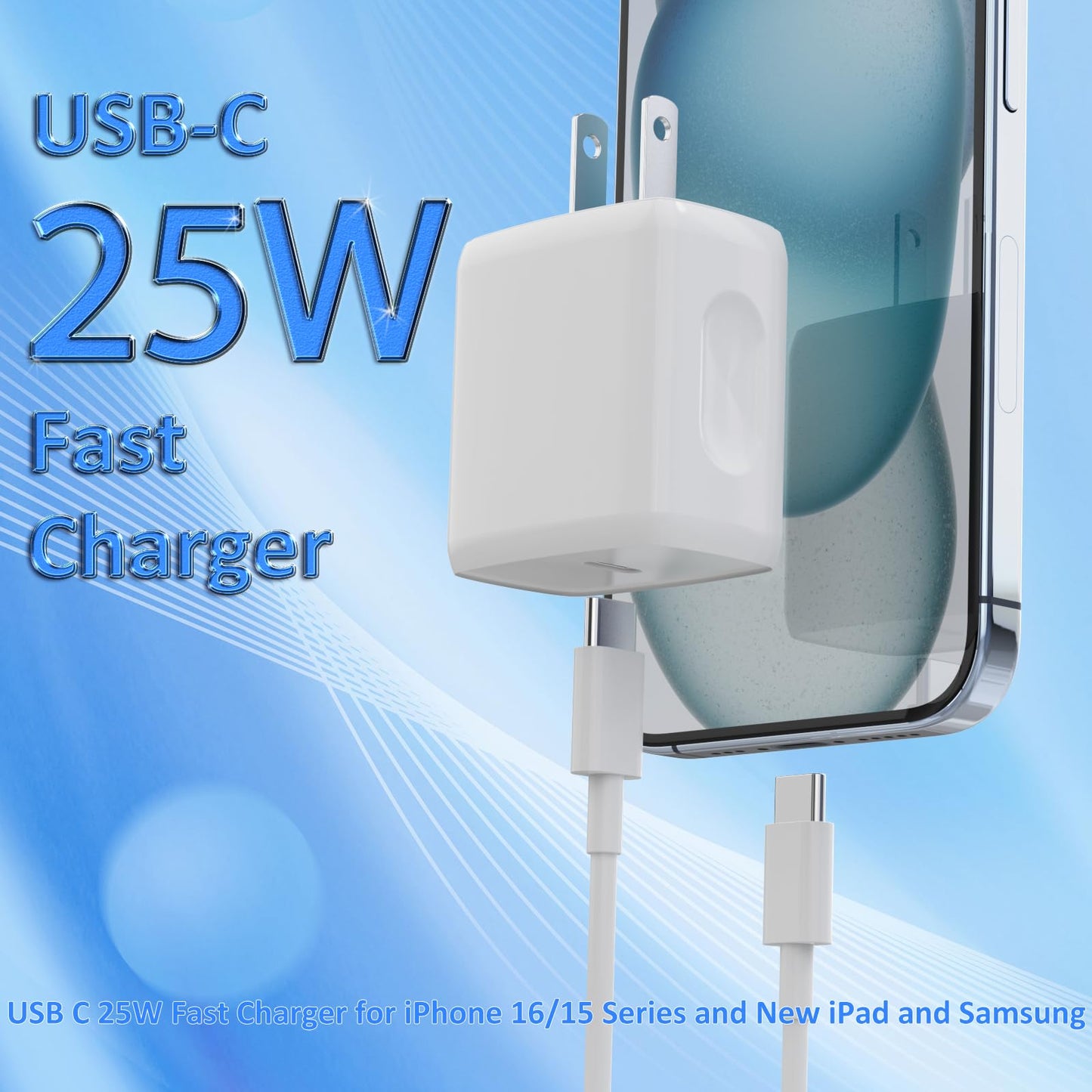 USB C Charger Type C Charger Fast Charging 2 Pack 25W USB C Charger Block with 2 Pack 6FT USB C to C Cable for iPhone 15 16 Pro/Pro Max/Pad Pro Samsung Series and More