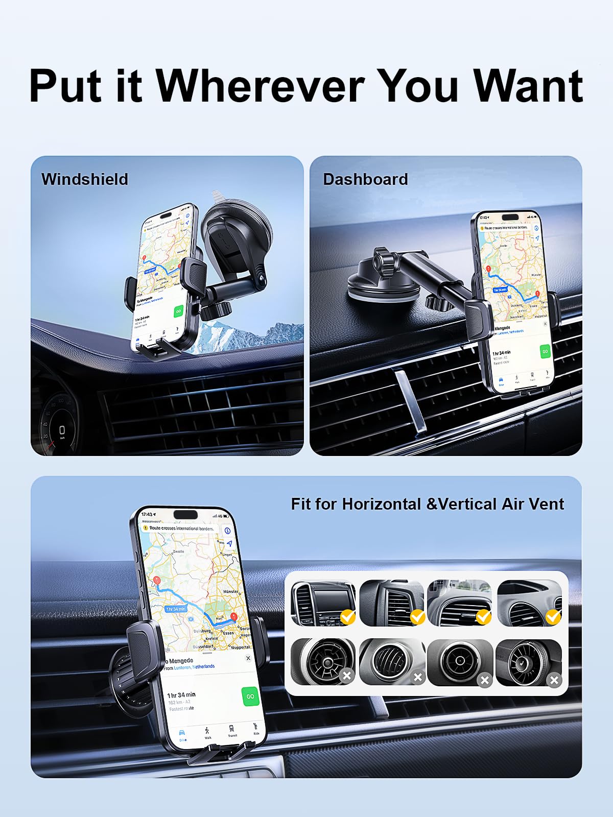 Rorhxia [Military-Grade] 3-in-1 Phone Holders for Your Car, [2024 Most Stable and Flexible Suction Cup] Vent Dashboard Windshield Cell Phone Mount Car Fit for All Phones, iPhone, Samsung