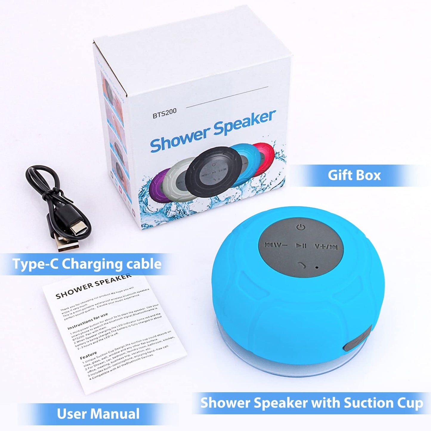 Annlend Waterproof Bluetooth Shower Speaker Portable Wireless Water-Resistant Speaker Suction Cup,Built-in Mic Gifts for Kids Speakerphone for iPhone Phone Tablet Bathroom Kitchen - Blue